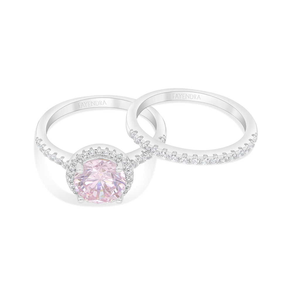 Sterling Silver 925 Ring (Twins) Rhodium Plated Embedded With Pink Zircon And White Zircon