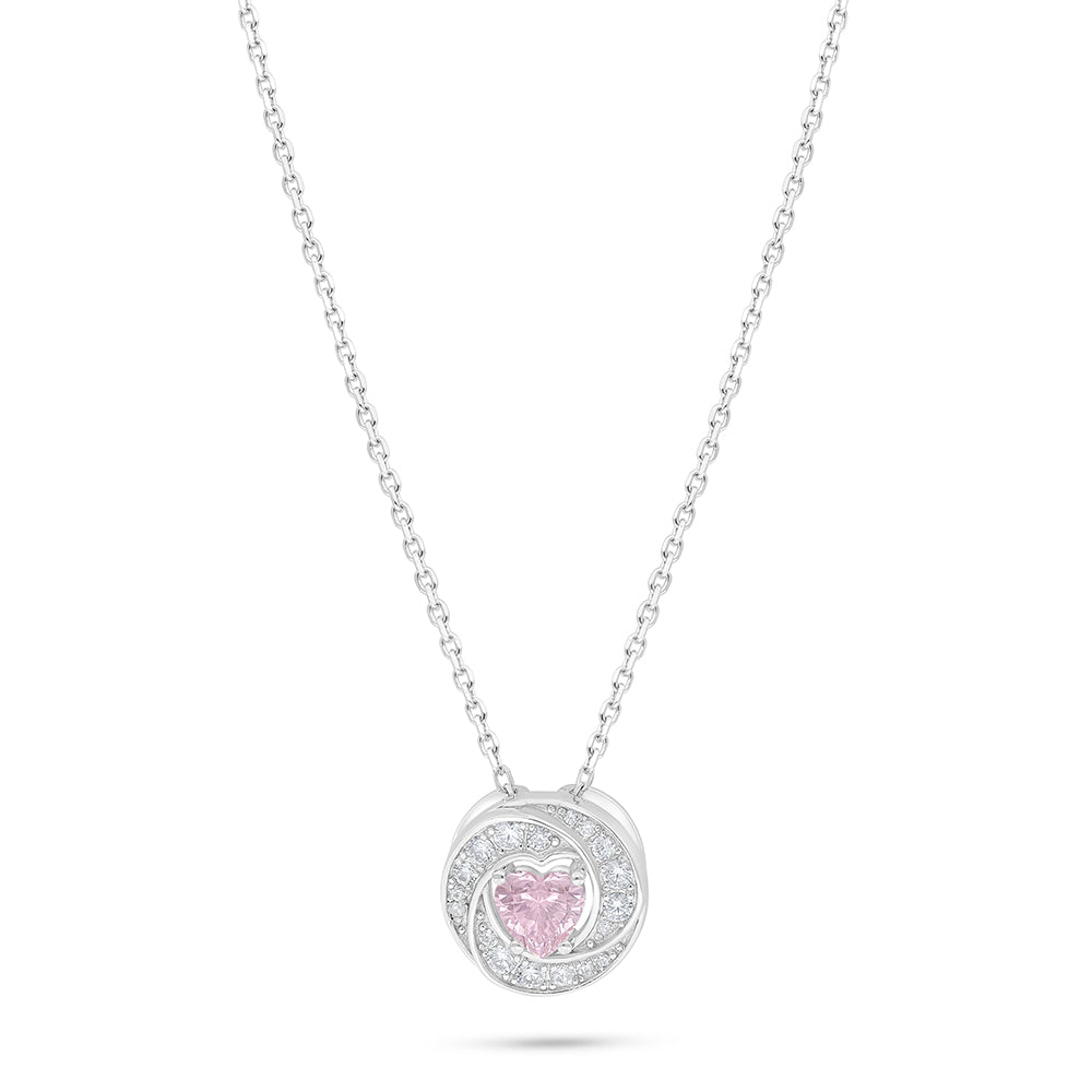 Sterling Silver 925 Necklace Rhodium Plated Embedded With Pink Zircon And White Zircon