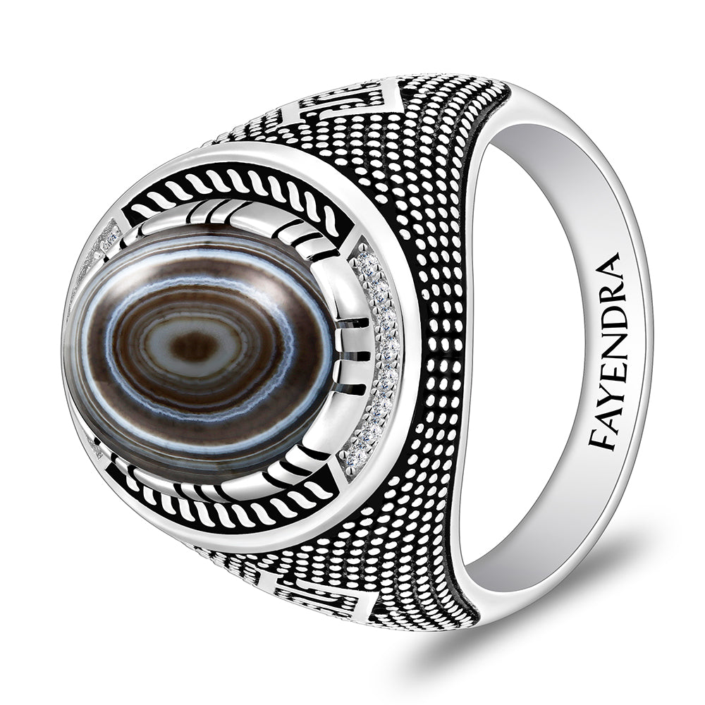 خاتم رجالي من الفضة الخالصة عيار 925 مطلي روديوم و اسود مرصع احجار عقيق سليماني كابشون و فص ابيض