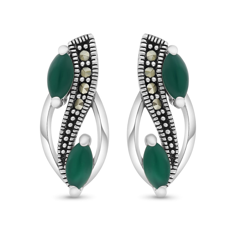 Sterling Silver 925 Earring Embedded With Natural Green Agate And Marcasite Stones