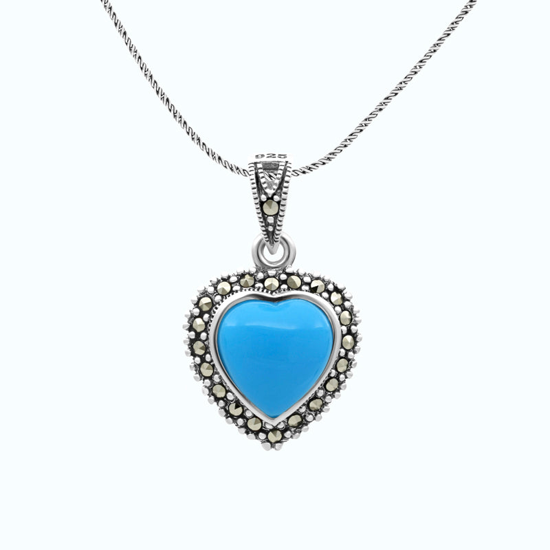 Sterling Silver 925 Pendant Embedded With Natural Processed Turquoise And Marcasite Stones