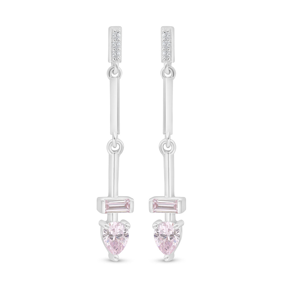 Sterling Silver 925 Earring Rhodium Plated Embedded With Pink Zircon And White Zircon