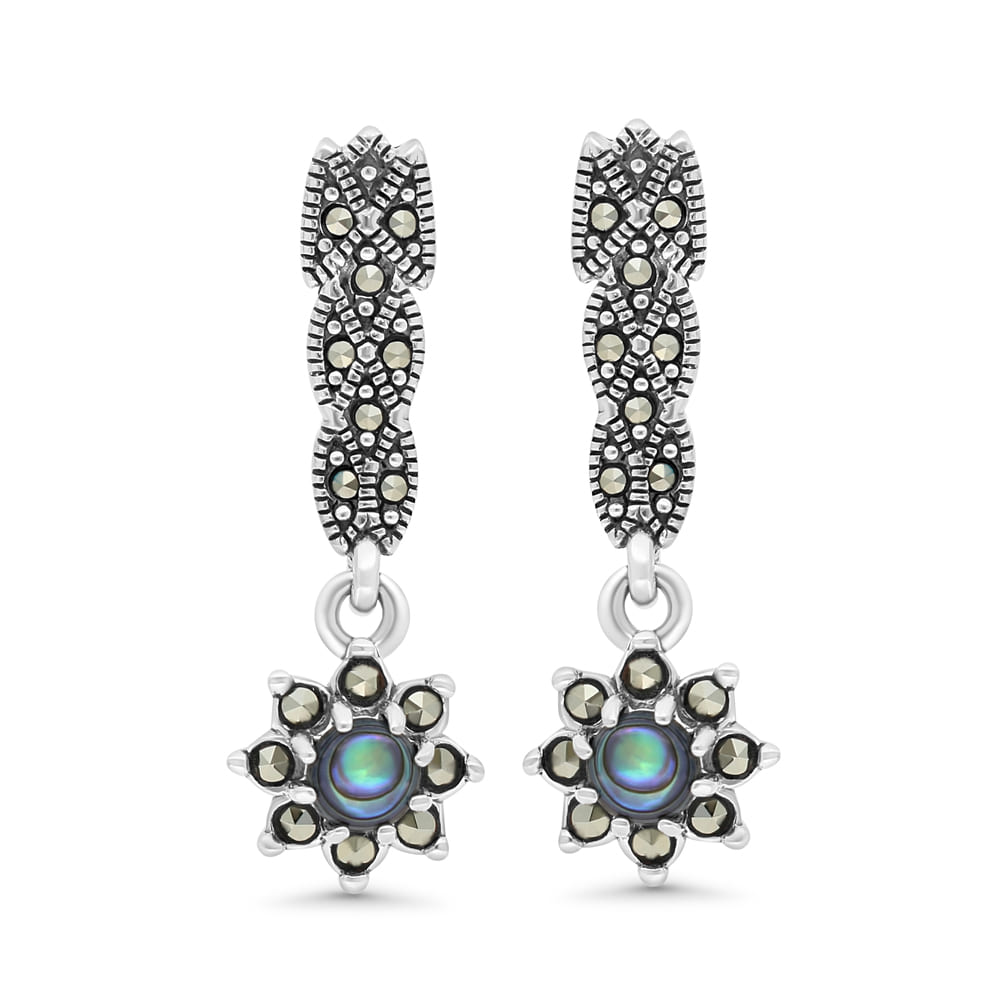 Sterling Silver 925 Earring Embedded With Natural Blue Shell And Marcasite Stones
