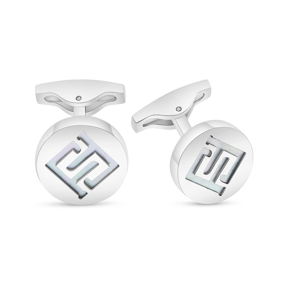 Stainless Steel Cufflink 316L Embedded With White Shell Shiny Steel