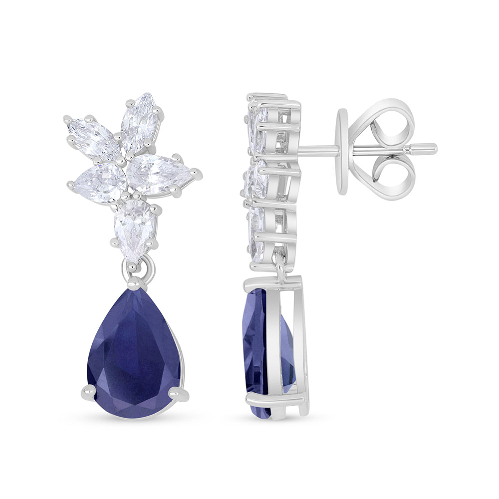 Sterling Silver 925 Earring Rhodium Plated Embedded With Sapphire Corundum And White Zircon