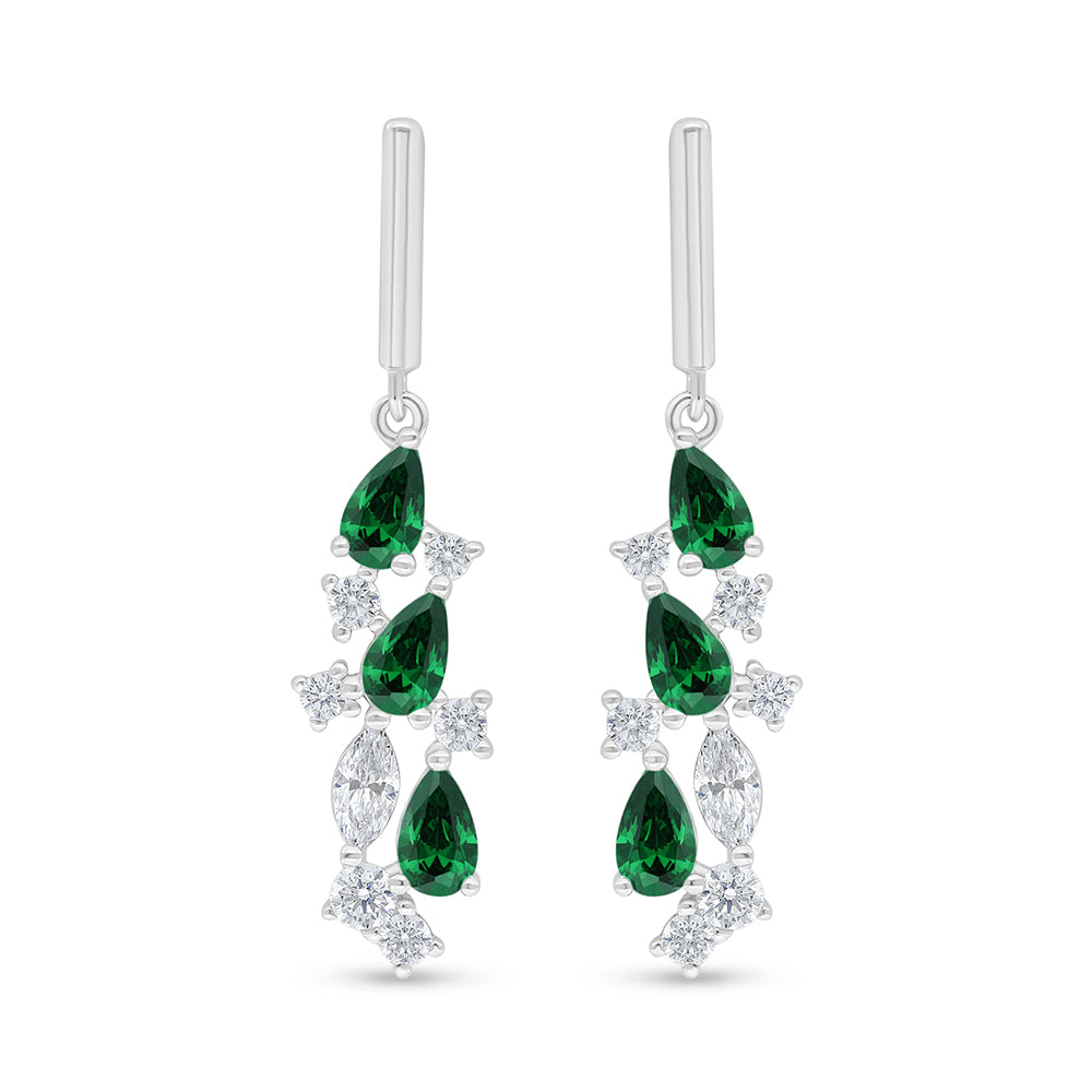Sterling Silver 925 Earring Rhodium Plated Embedded With Emerald Zircon And White Zircon