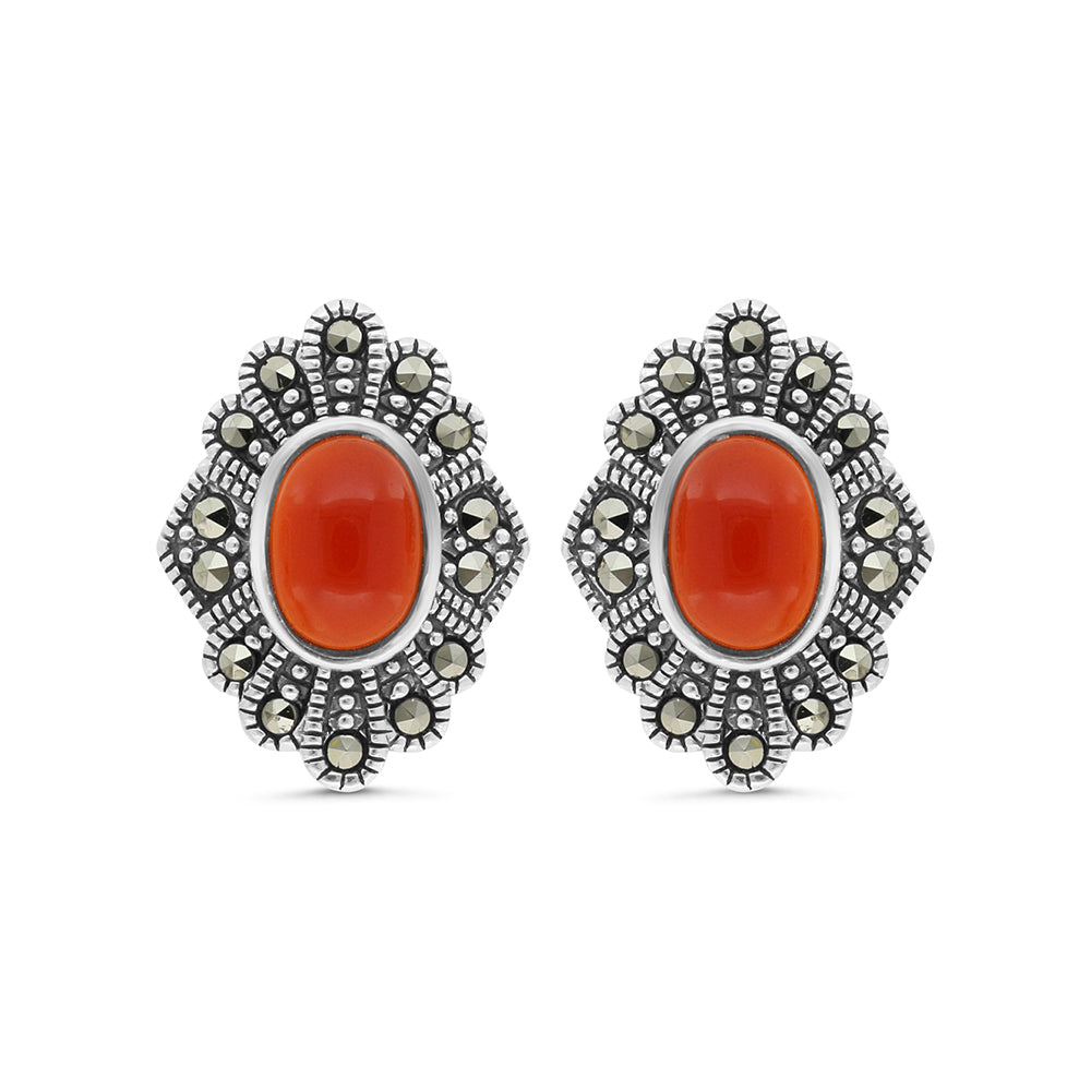 Sterling Silver 925 Earring Embedded With Natural Aqiq And Marcasite Stones