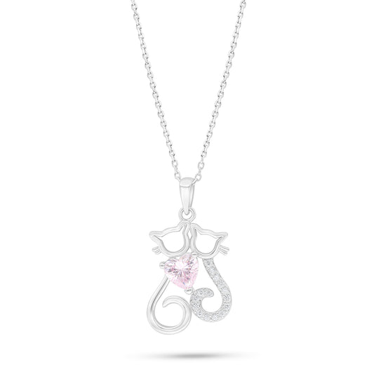 Sterling Silver 925 Necklace Rhodium Plated Embedded With Pink Zircon And White Zircon