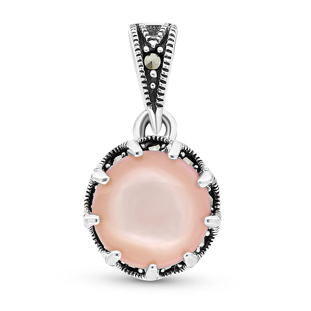 Sterling Silver 925 Pendant Embedded With Natural Pink Shell And Marcasite Stones