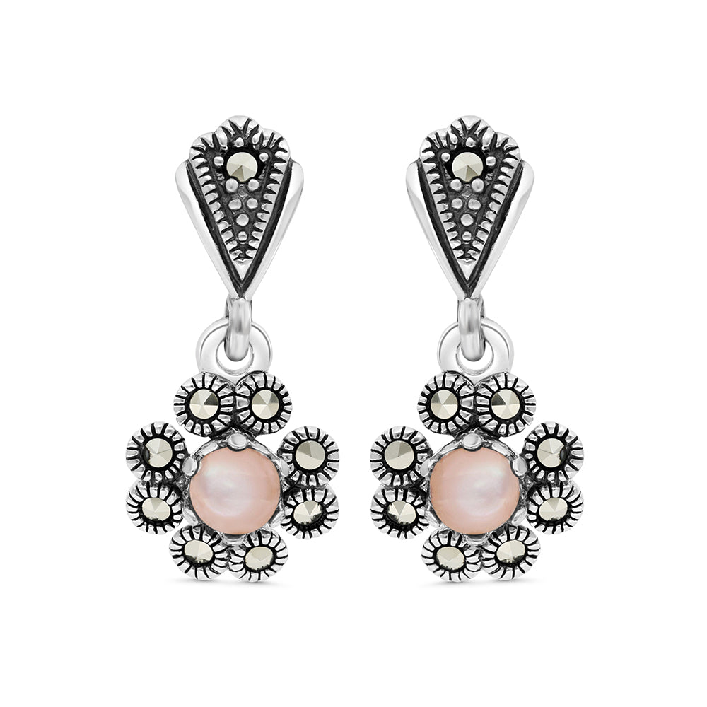 Sterling Silver 925 Earring Embedded With Natural Pink Shell And Marcasite Stones
