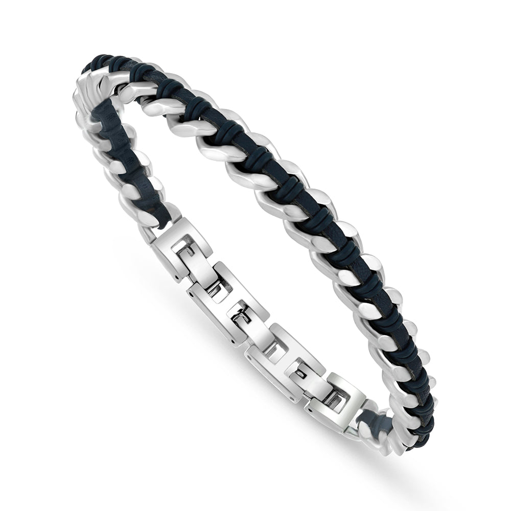 Stainless Steel 316L And 304 L Bracelet, Silver Color And Blue LeatherFor Men