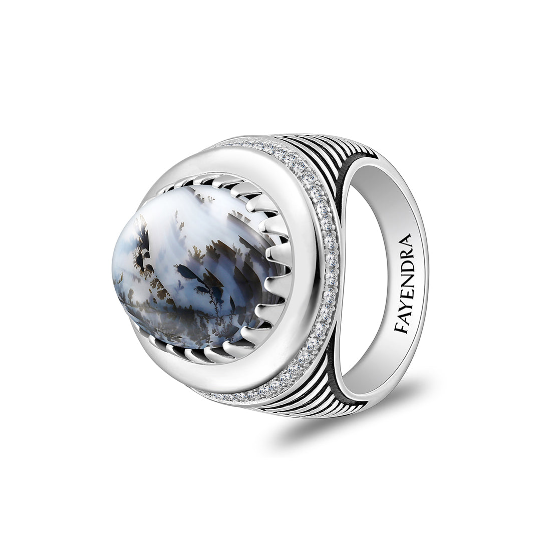 خاتم رجالي من الفضة الخالصة عيار 925 مطلي روديوم و اسود مرصع احجار عقيق مشجر طبيعي كابشون و فص ابيض