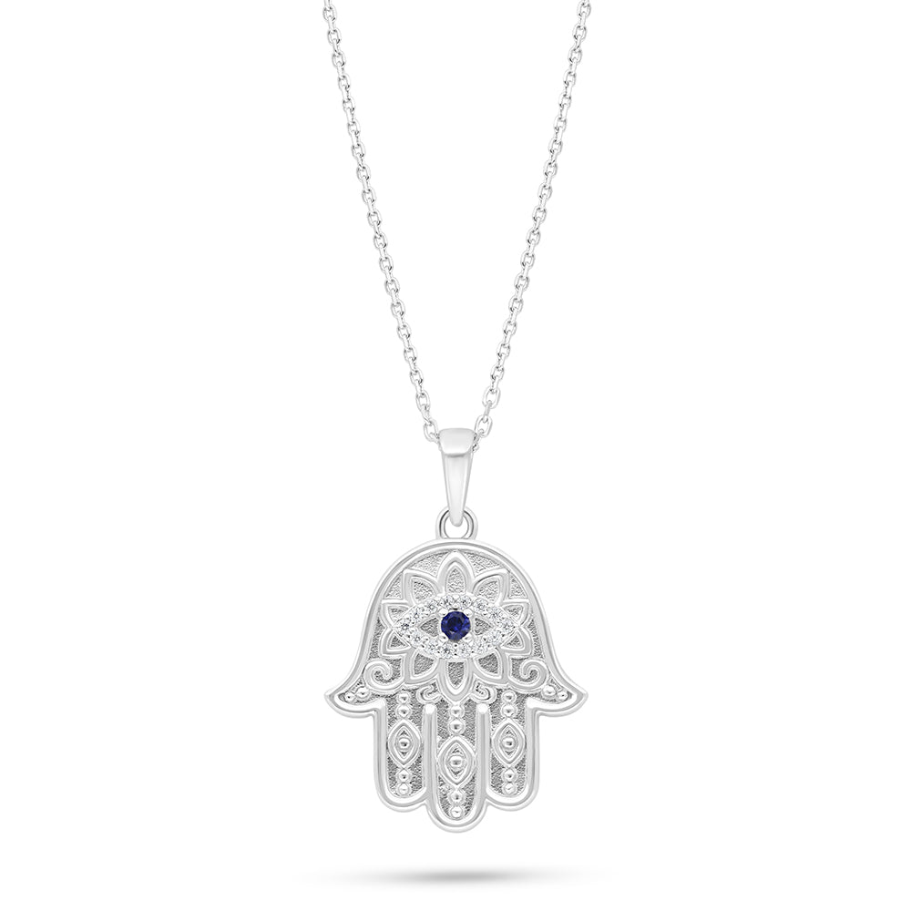 عقد من الفضة الخالصة عيار 925 مطلي روديوم مرصع زفير كروندوم و فص ابيض