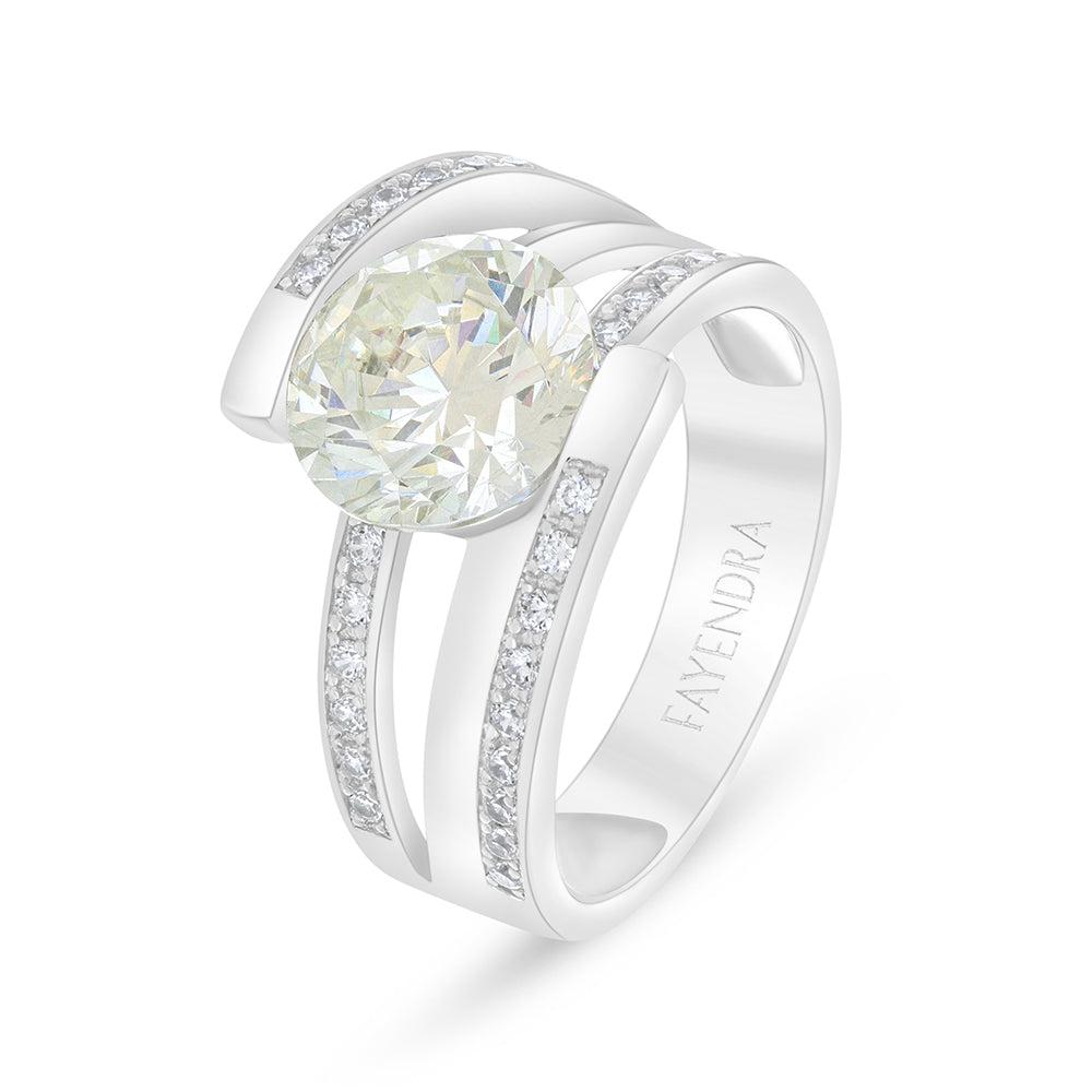 خاتم من الفضة الخالصة عيار 925 مطلي روديوم مرصع بالزركون الكناري الالماسي و فص ابيض