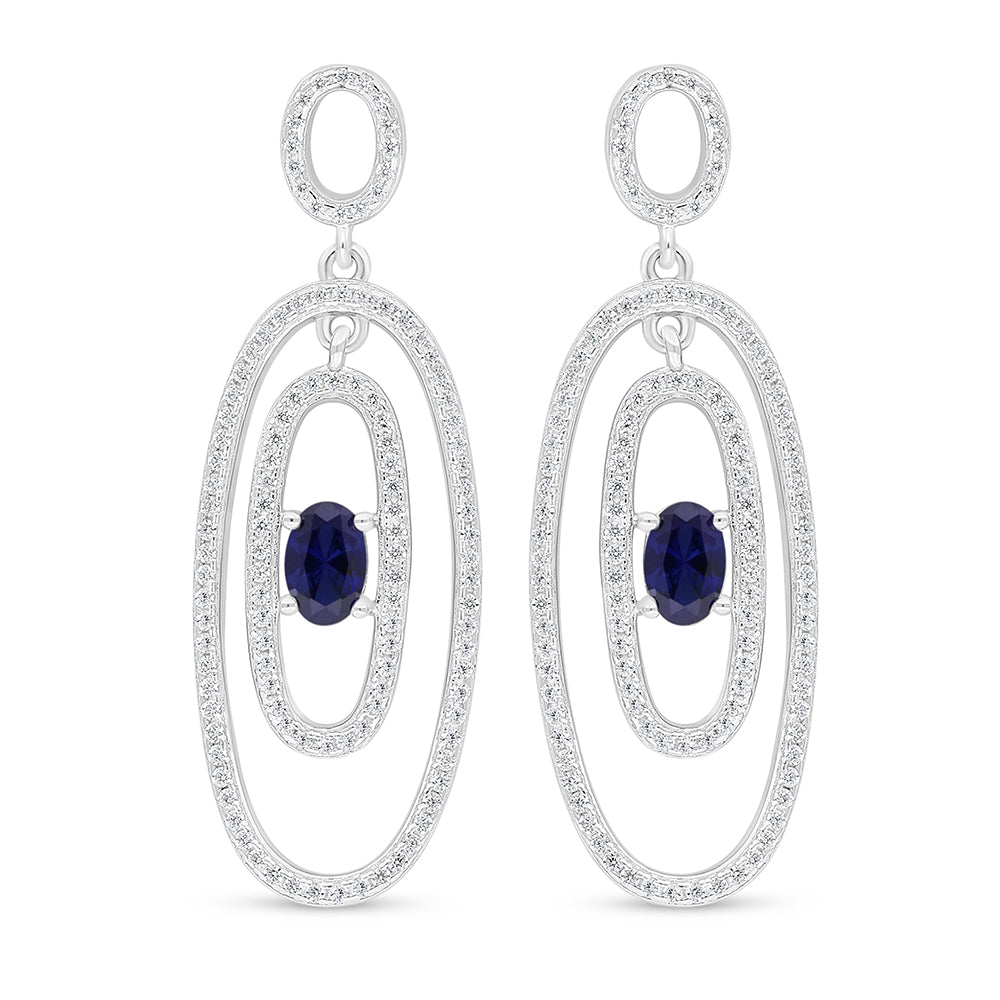 Sterling Silver 925 Earring Rhodium Plated Embedded With Sapphire Corundum And White Zircon