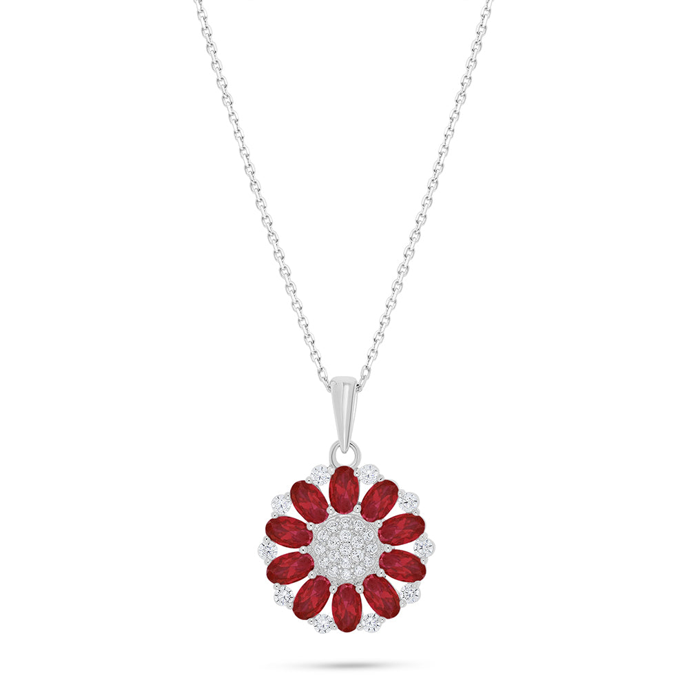 Sterling Silver 925 Necklace Rhodium Plated Embedded With Ruby Corundum And White Zircon