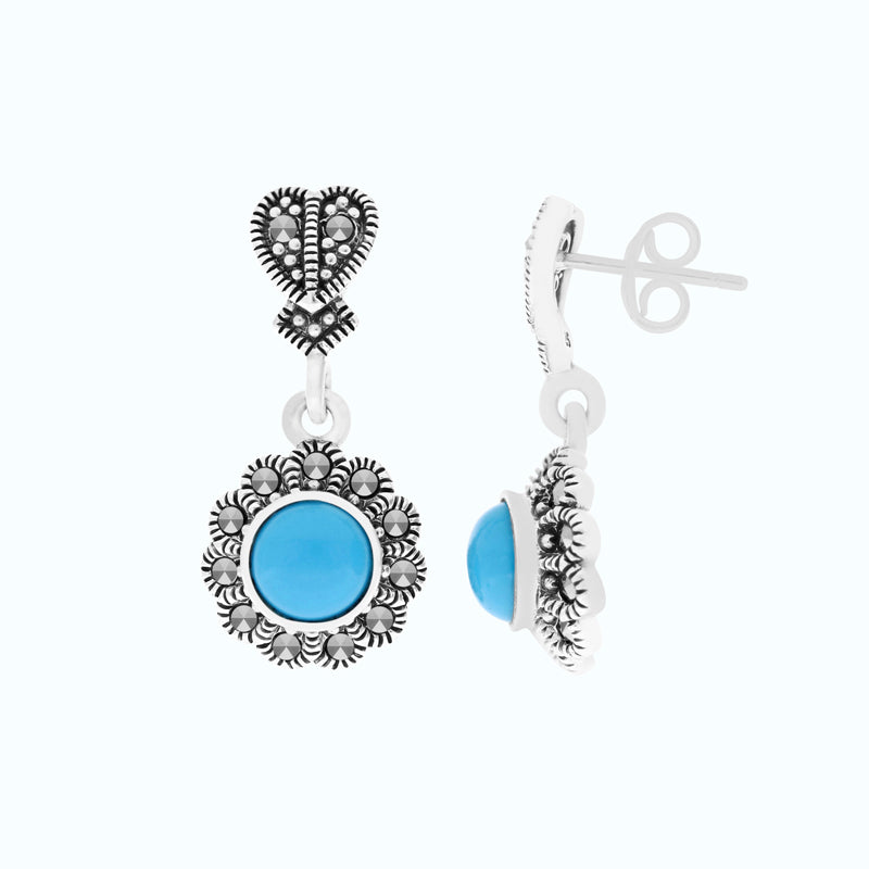 Sterling Silver 925 Earring Embedded With Natural Processed Turquoise And Marcasite Stones