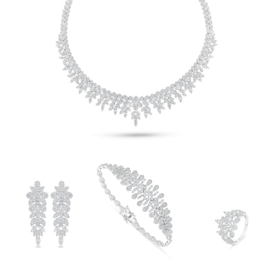 طقم من الفضة الخالصة عيار 925 مطلي روديوم مرصع فص ابيض