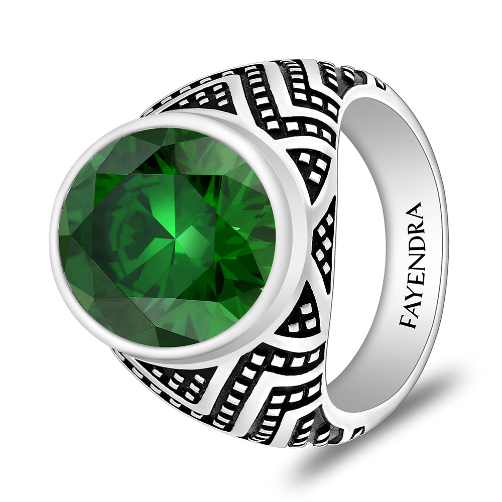 خاتم رجالي من الفضة الخالصة عيار 925 مطلي روديوم و اسود مرصع زركون زمردي