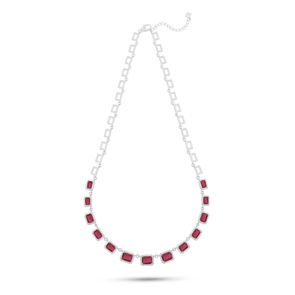 Sterling Silver 925 Necklace Rhodium Plated Embedded With Ruby Corundum And White Zircon