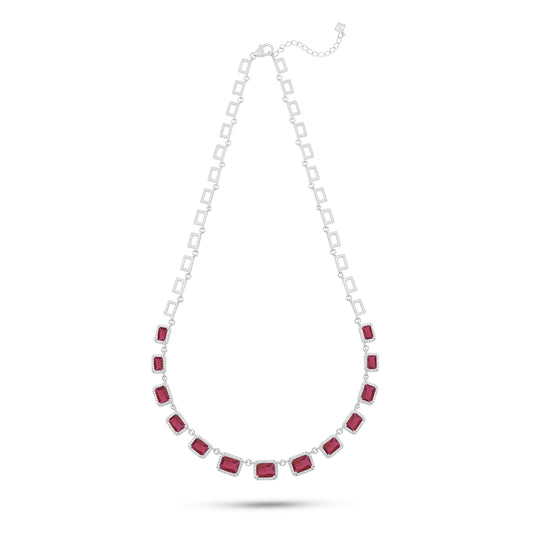 Sterling Silver 925 Necklace Rhodium Plated Embedded With Ruby Corundum And White Zircon