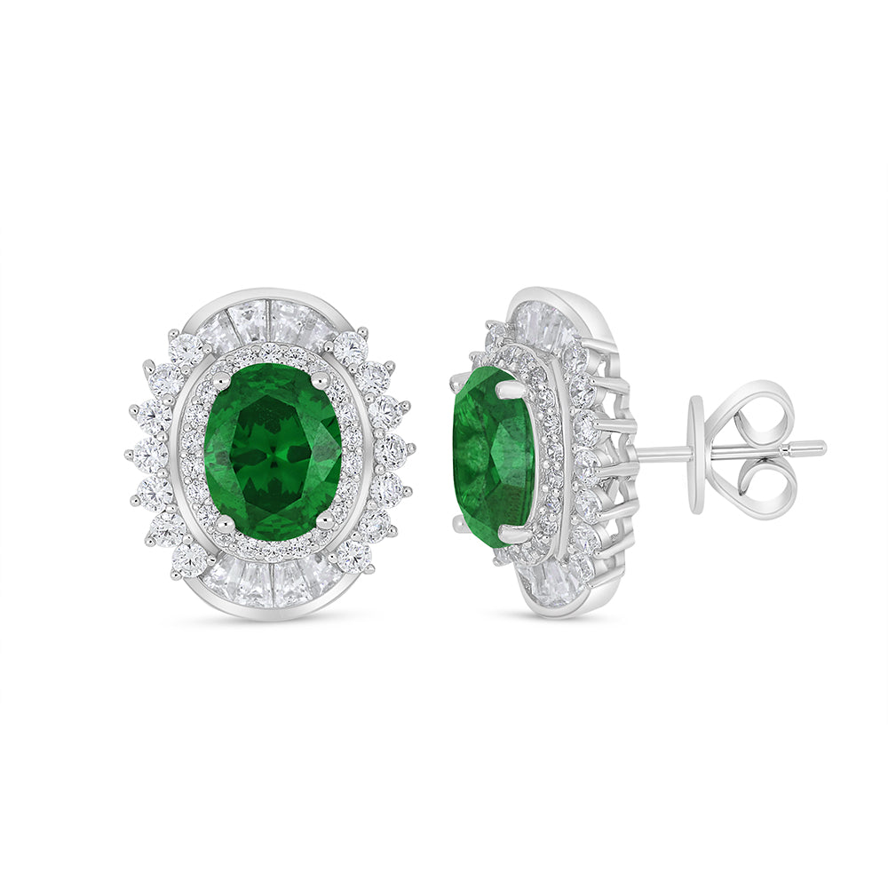 Sterling Silver 925 Earring Rhodium Plated Embedded With Emerald Zircon And White Zircon