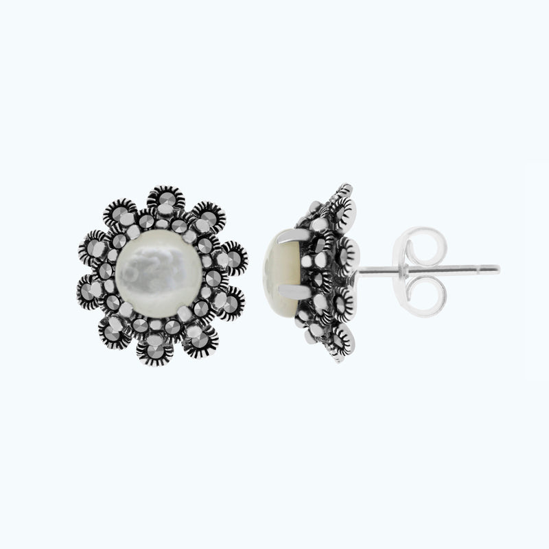 Sterling Silver 925 Earring Embedded With Natural White Shell And Marcasite Stones