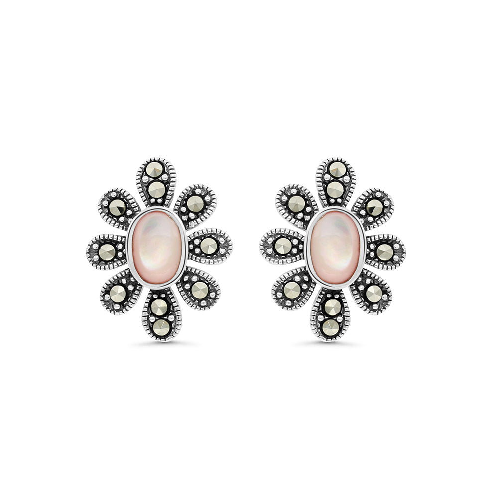 Sterling Silver 925 Earring Embedded With Natural Pink Shell And Marcasite Stones