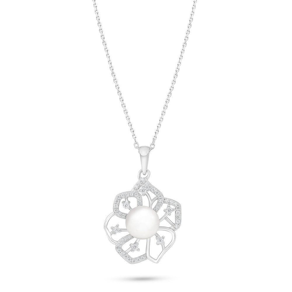 Sterling Silver 925 Necklace Rhodium Plated Embedded With Natural White Pearl And White Zircon