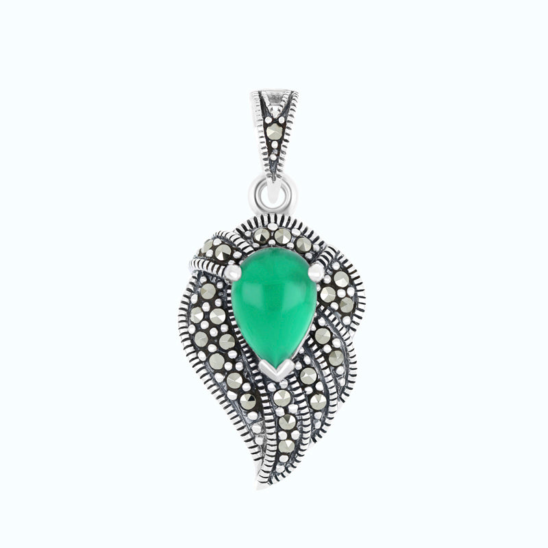 Sterling Silver 925 Pendant Embedded With Natural Green Agate And Marcasite Stones