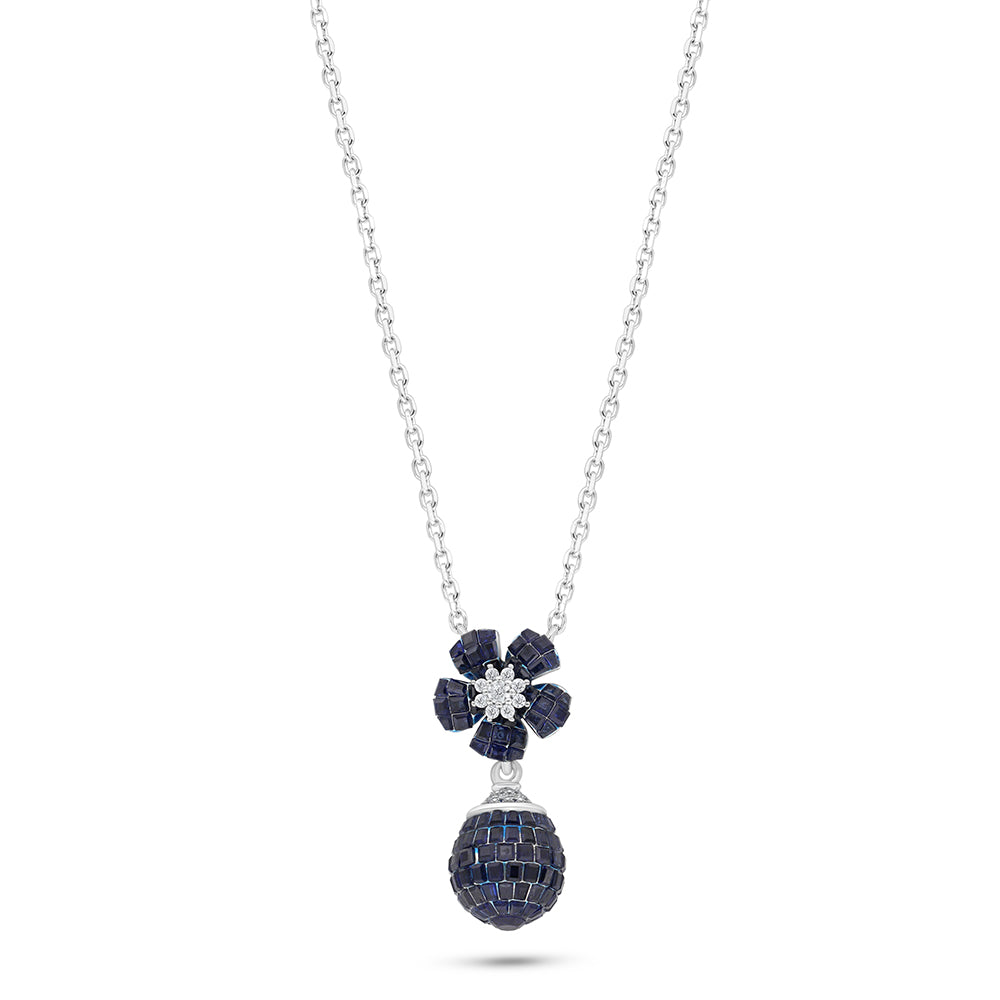 Sterling Silver 925 Necklace Rhodium Plated Embedded With Sapphire Corundum And White Zircon