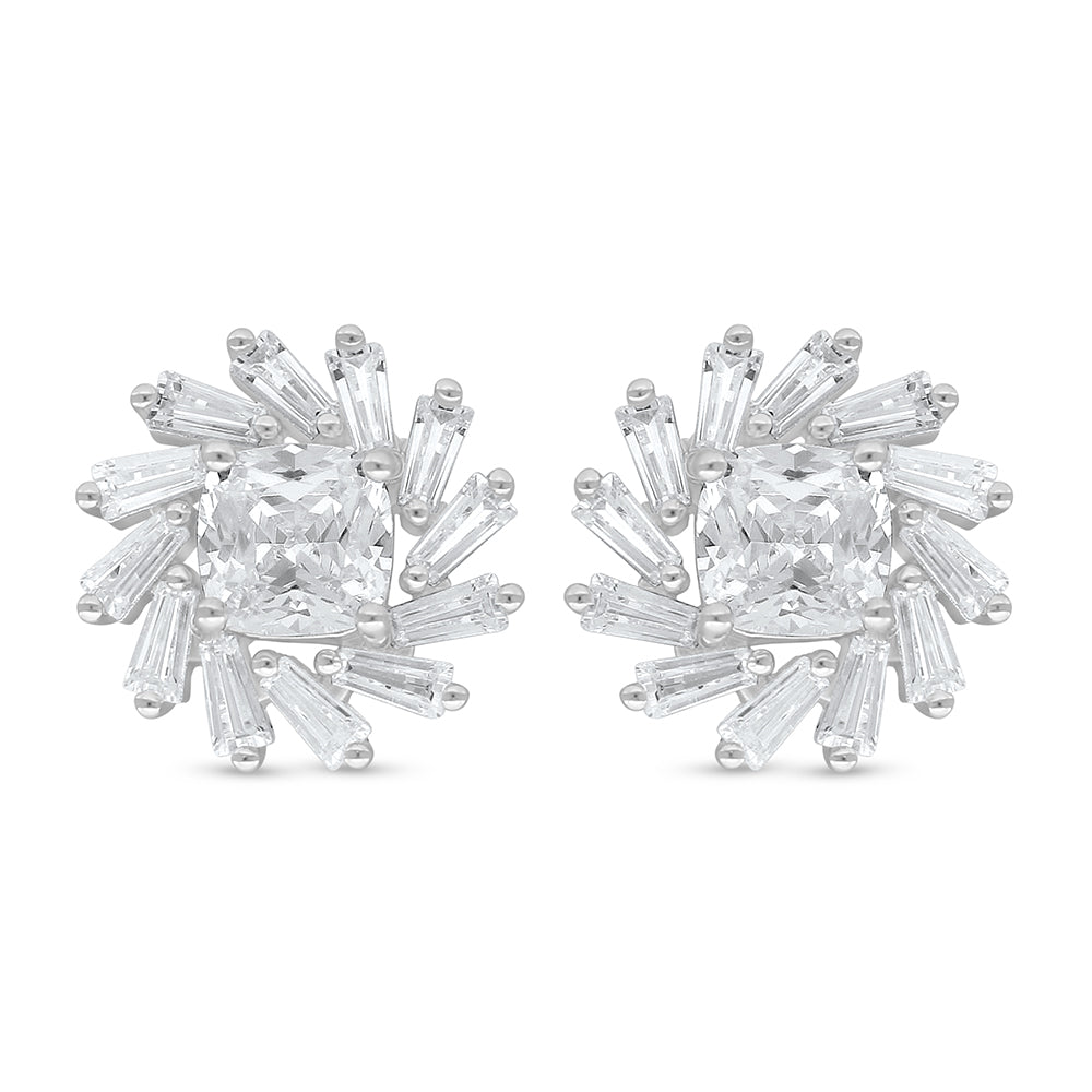 Sterling Silver 925 Earring Rhodium Plated Embedded With White Zircon