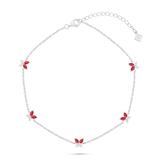 Sterling Silver 925 Anklet  Rhodium Plated Embedded With Ruby Corundum And White Zircon