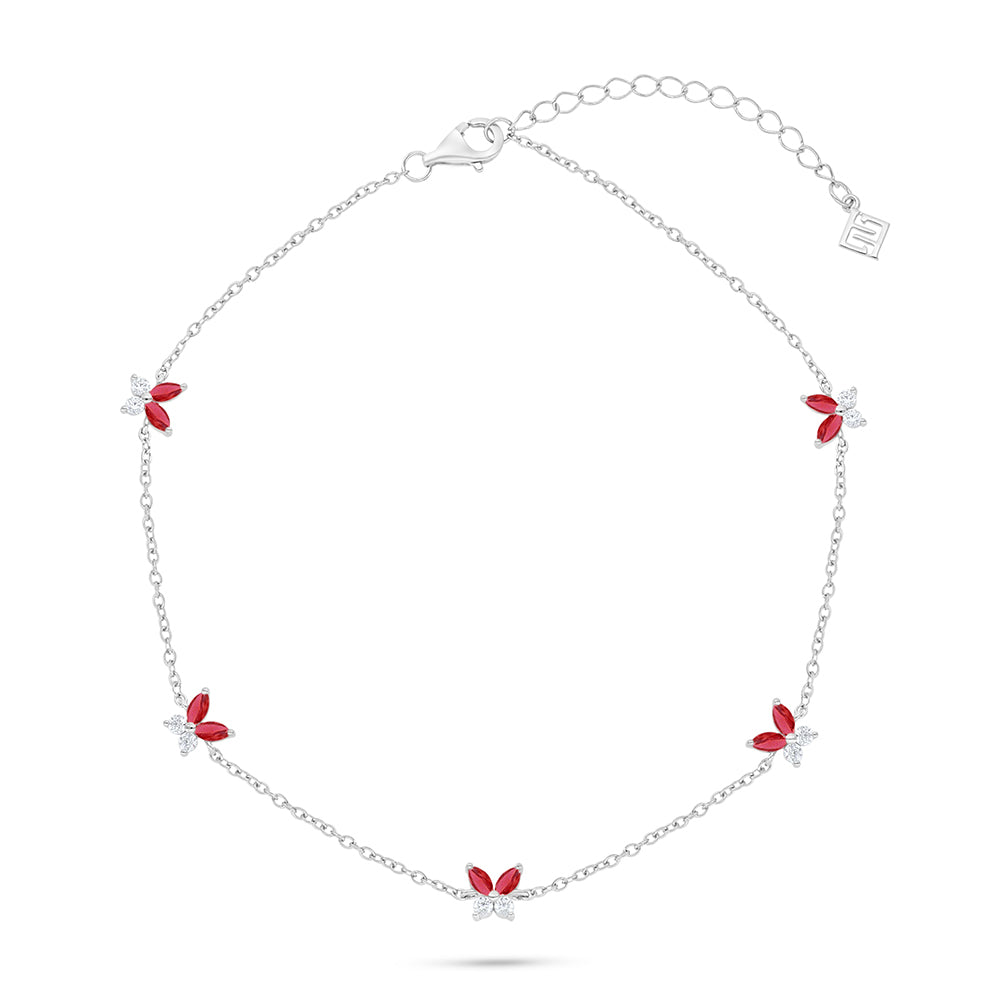 Sterling Silver 925 Anklet Rhodium Plated Embedded With Ruby Corundum And White Zircon