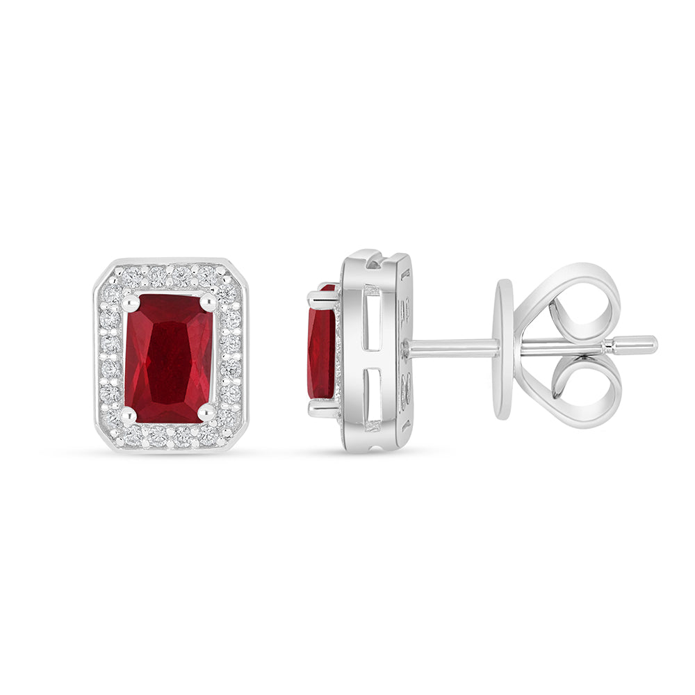 Sterling Silver 925 Earring Rhodium Plated Embedded With Ruby Corundum And White Zircon
