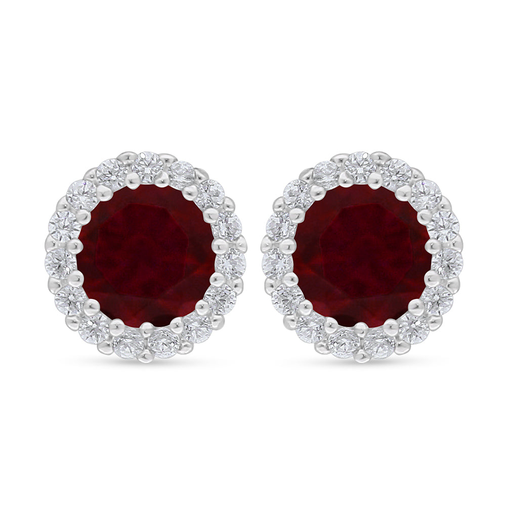 Sterling Silver 925 Earring Rhodium Plated Embedded With Ruby Corundum And White Zircon