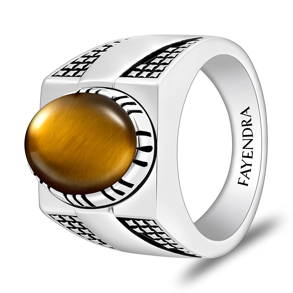 خاتم رجالي من الفضة الخالصة عيار 925 مطلي روديوم و اسود مرصع احجار عين النمر اصفر كابشون