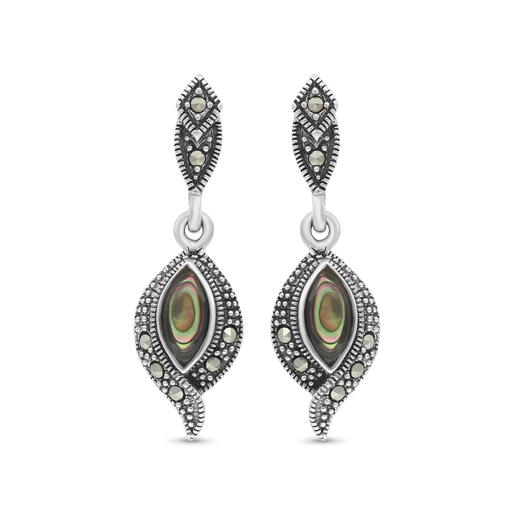 Sterling Silver 925 Earring Embedded With Natural Blue Shell And Marcasite Stones