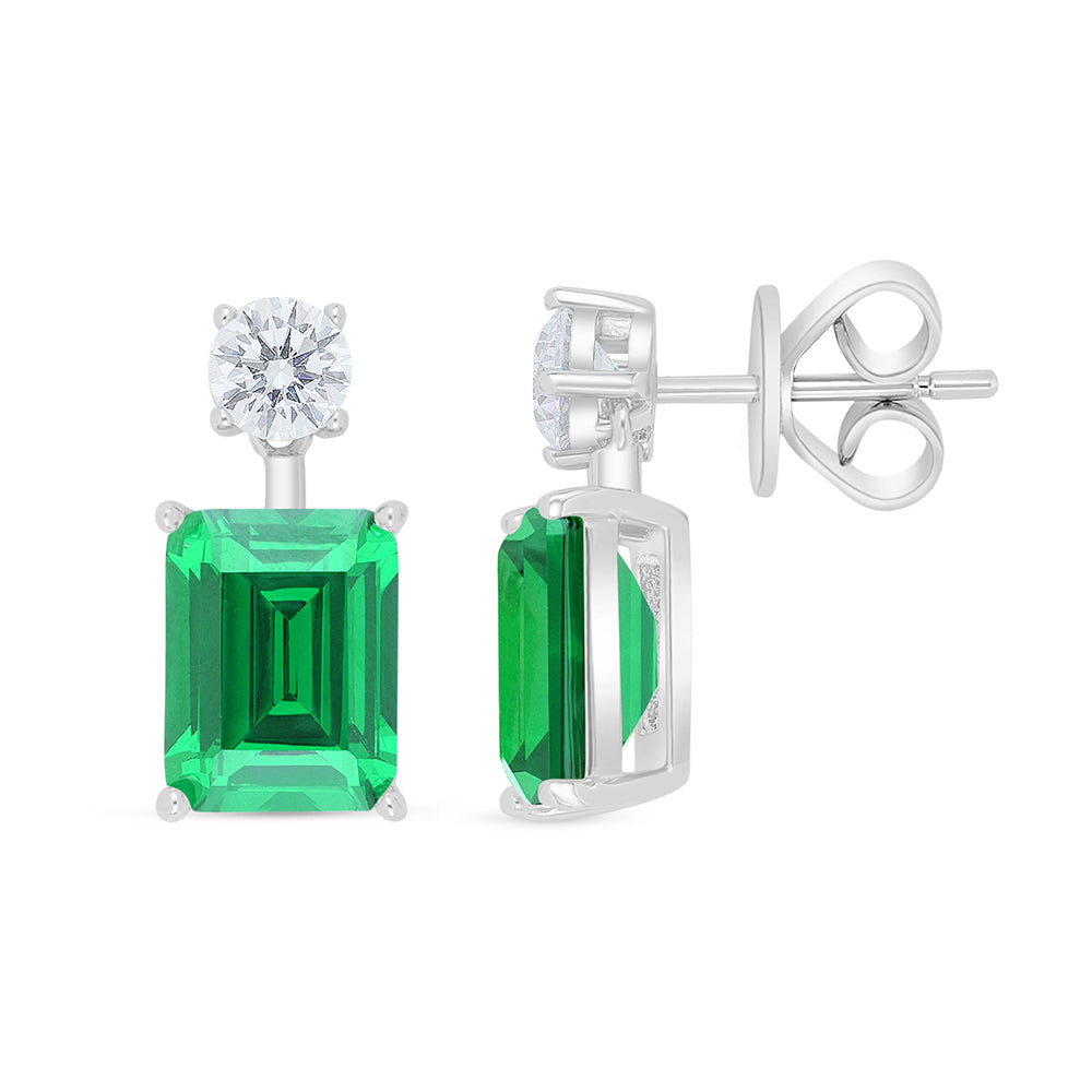Sterling Silver 925 Earring Rhodium Plated Embedded With Emerald Zircon And White Zircon