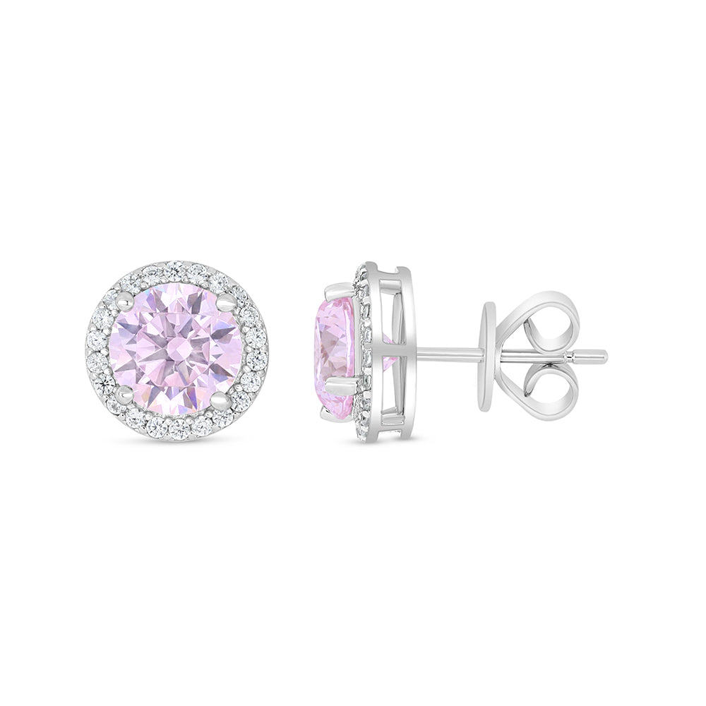 Sterling Silver 925 Earring Rhodium Plated Embedded With Pink Zircon And White Zircon
