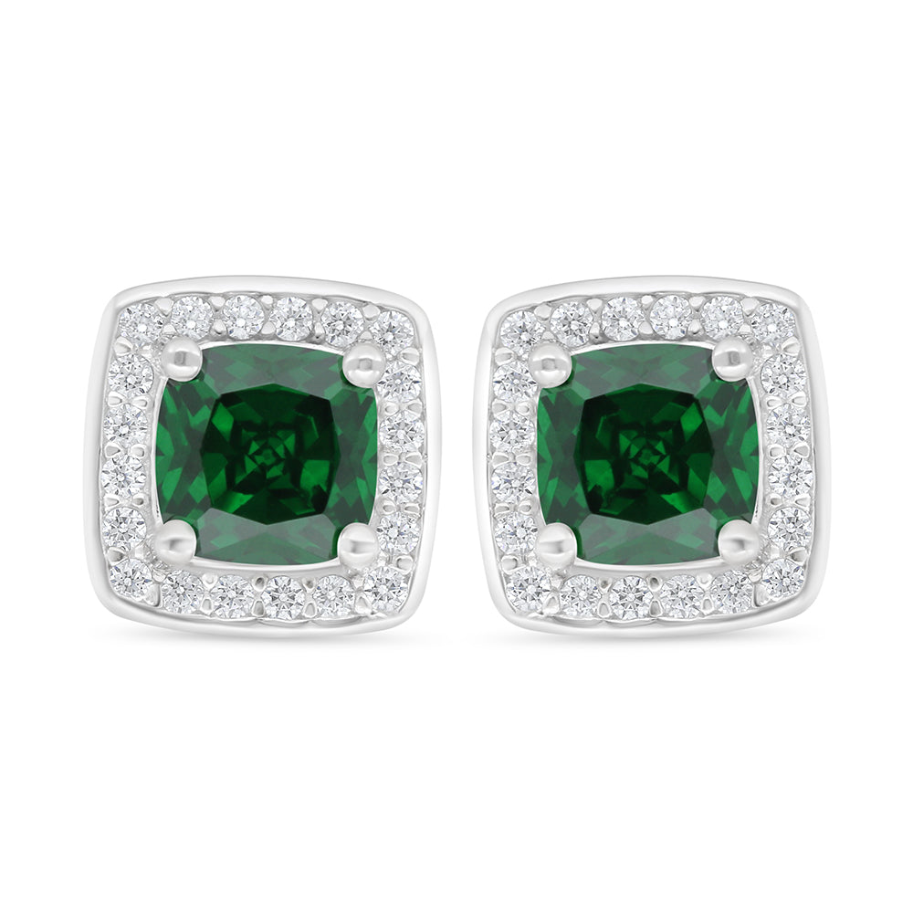 Sterling Silver 925 Earring Rhodium Plated Embedded With Emerald Zircon And White Zircon