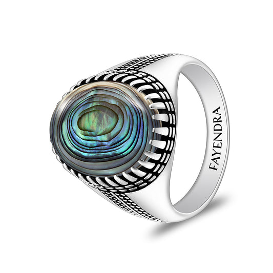خاتم رجالي من الفضة الخالصة عيار 925 مطلي روديوم و اسود مرصع صدف استرالي كابشون