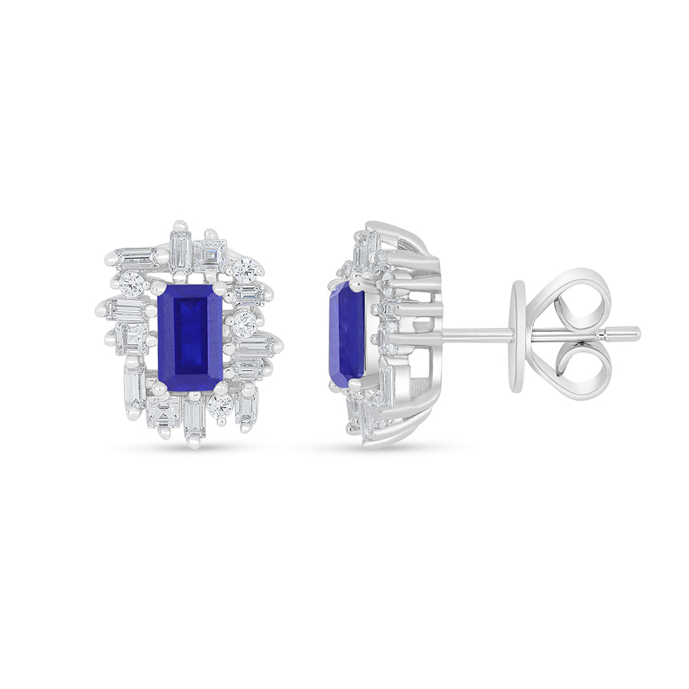 Sterling Silver 925 Earring Rhodium Plated Embedded With Sapphire Corundum And White Zircon