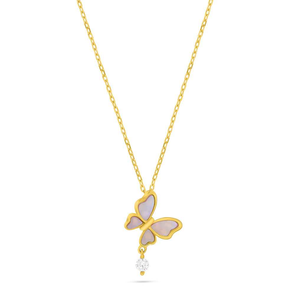 Sterling Silver 925 Necklace Golden Plated Embedded With Pink Shell And White Zircon