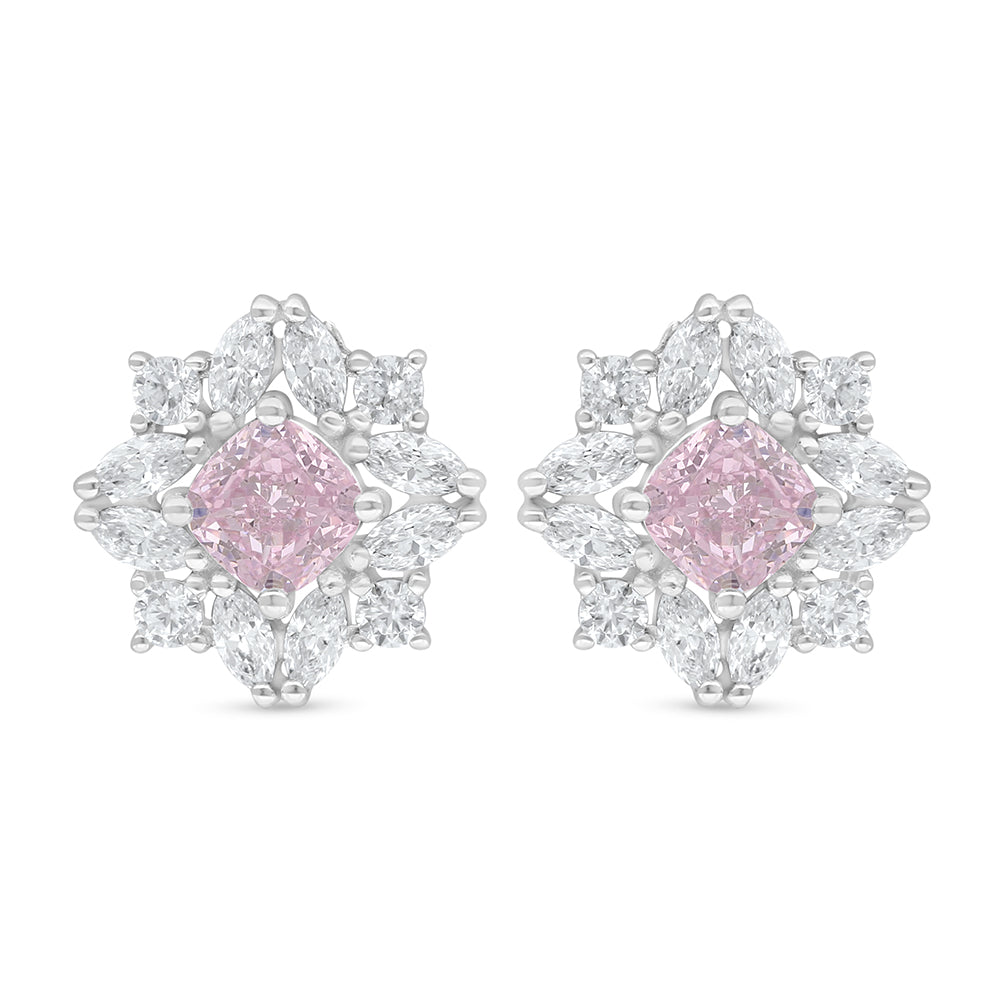 Sterling Silver 925 Earring Rhodium Plated Embedded With Pink Zircon And White Zircon