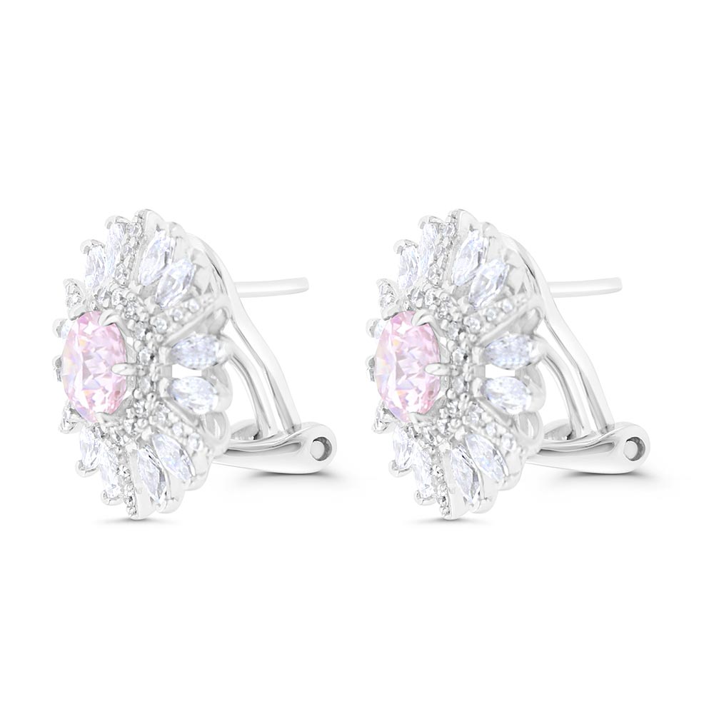 Sterling Silver 925 Earring Rhodium Plated Embedded With pink Zircon And White Zircon
