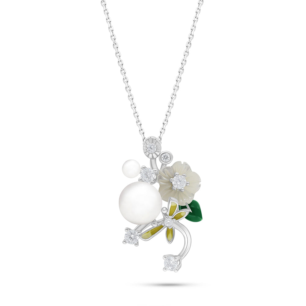 Sterling Silver 925 Necklace Rhodium Plated Embedded With Natural White Pearl And White Shell And White Zircon