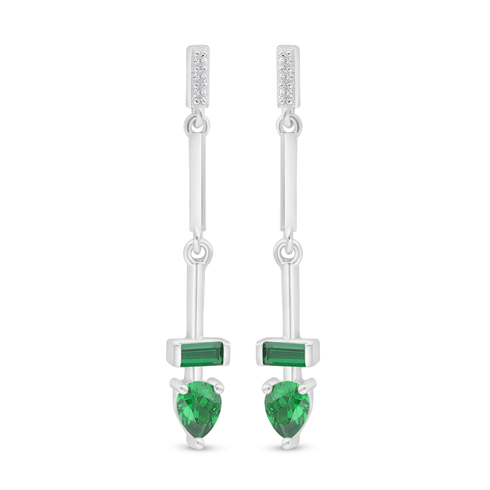 Sterling Silver 925 Earring Rhodium Plated Embedded With Emerald Zircon And White Zircon