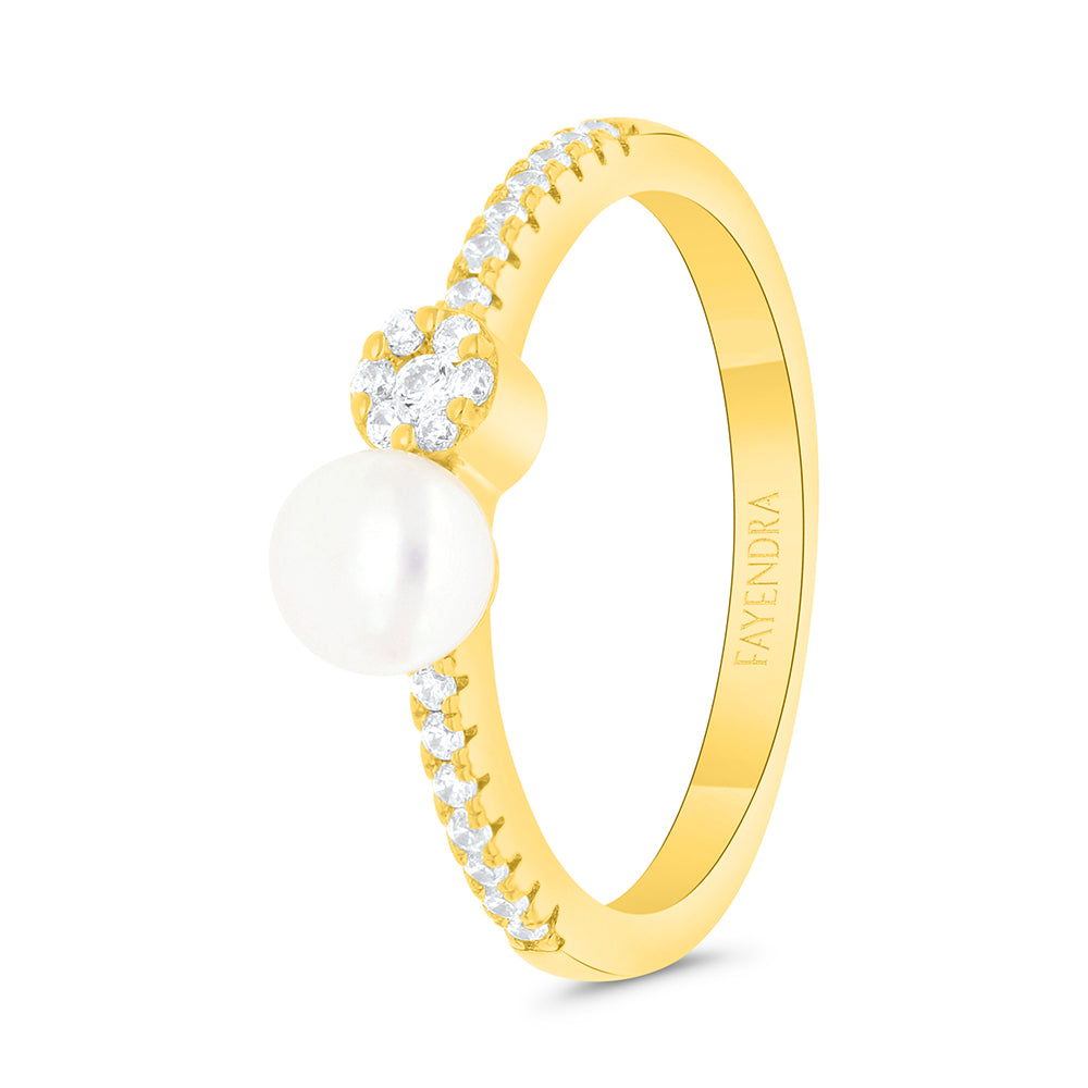 Sterling Silver 925 Ring Gold Plated Embedded With Natural White Pearl And White Zircon