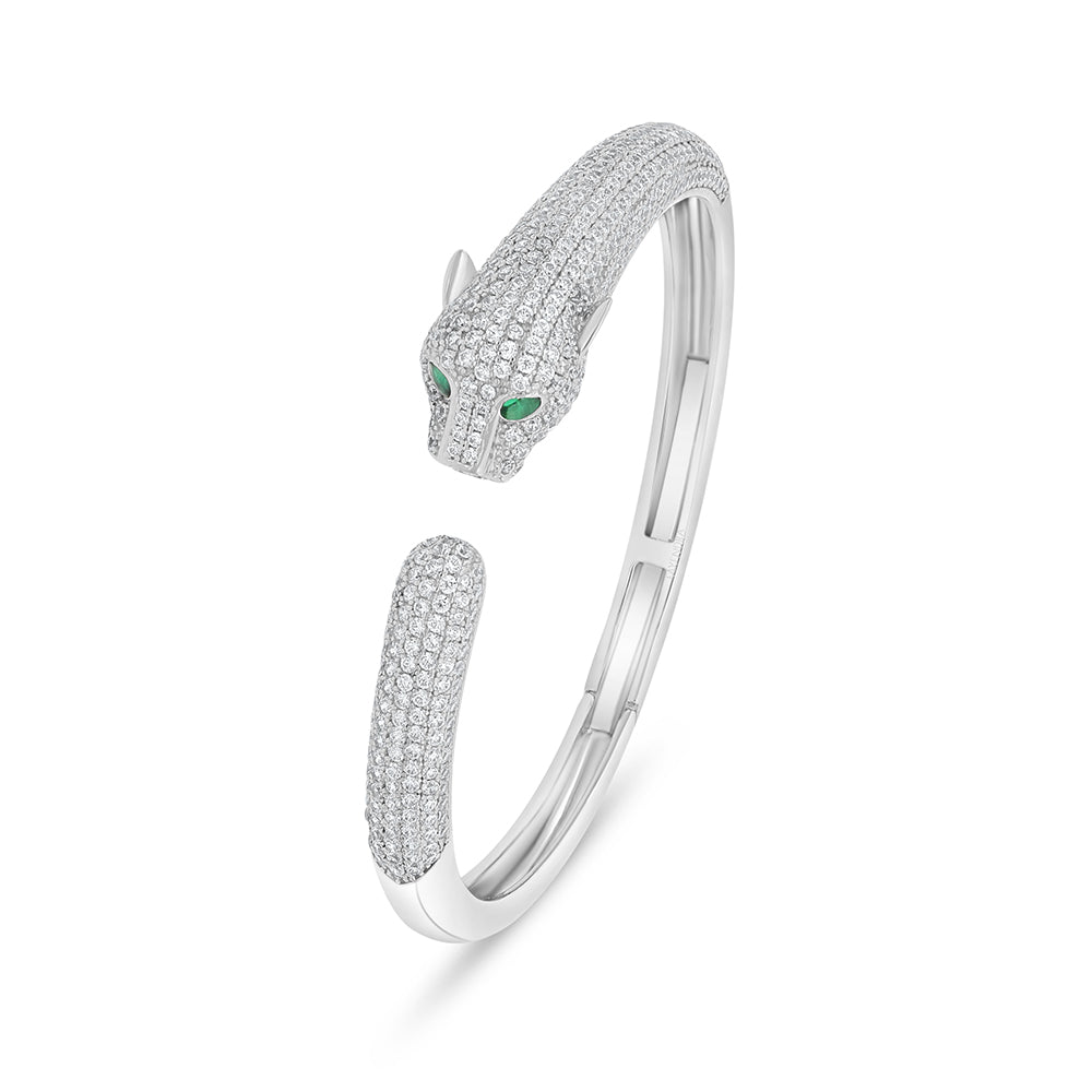 Sterling Silver 925 Bangle Rhodium Plated Embedded With Emerald Zircon And White Zircon